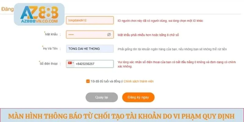 Màn hình thông báo từ chối tạo tài khoản do vi phạm quy định nhà cái