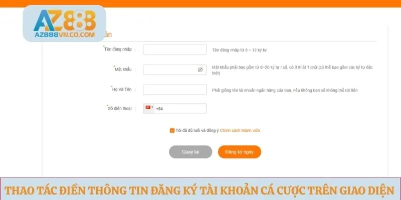 Thao tác điền thông tin đăng ký tài khoản cá cược trên giao diện trang chủ